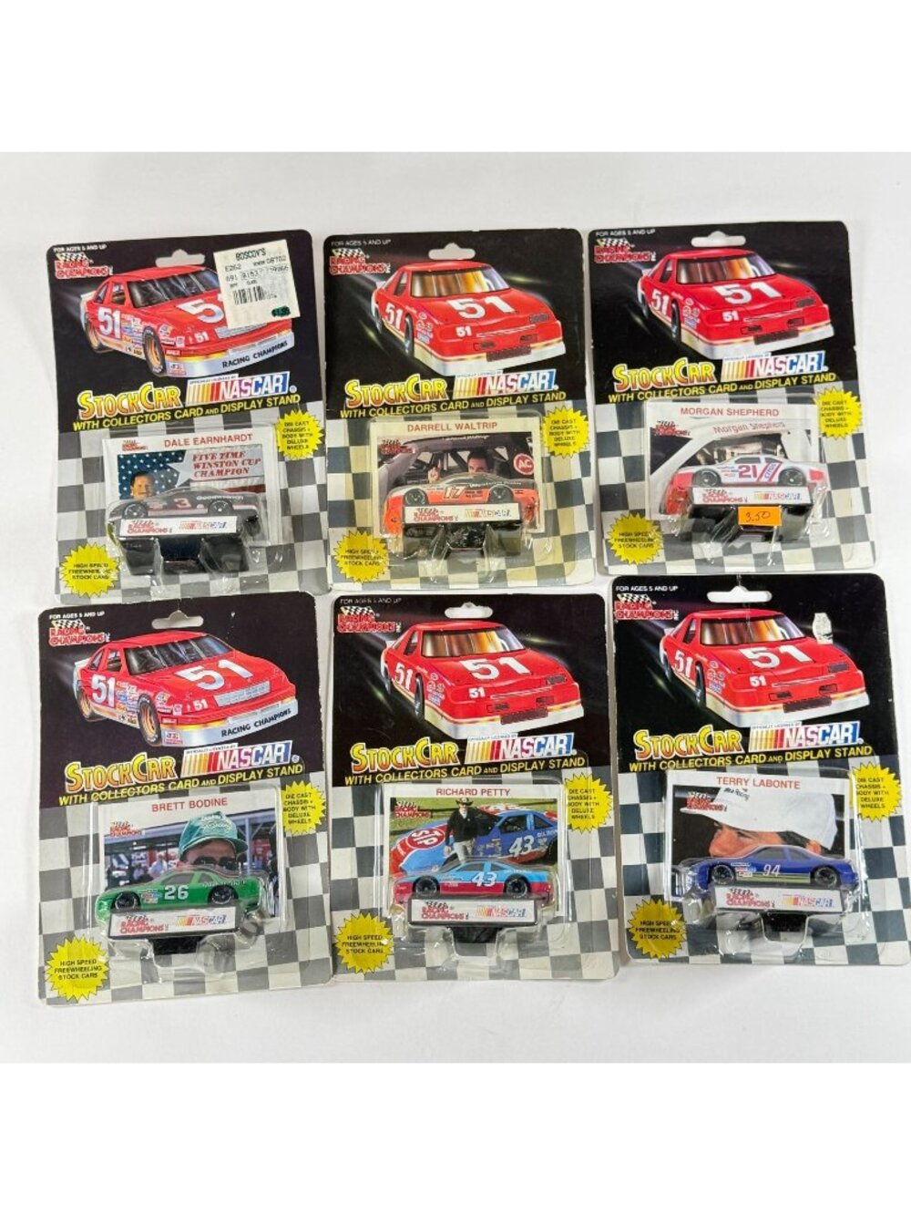 Vintage lot of 6 Racing Champions NASCAR Diecast Cars w/ Card Stand